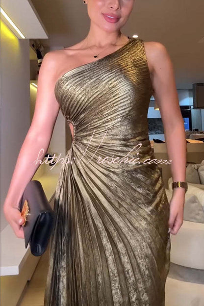 Gold Valentina Metallic One-Shoulder Maxi Dress