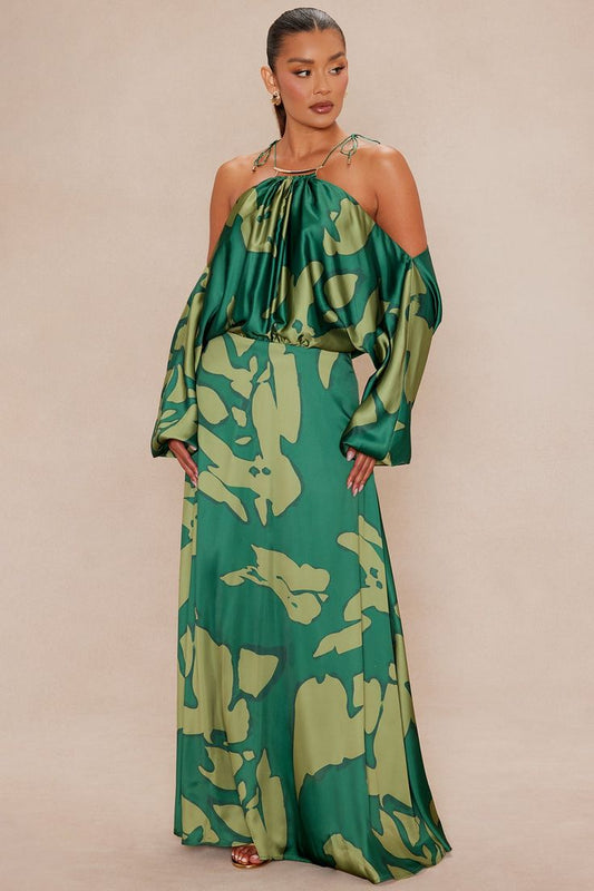 Nikki Satin Maxi Dress - Green/combo | Fashion Nova