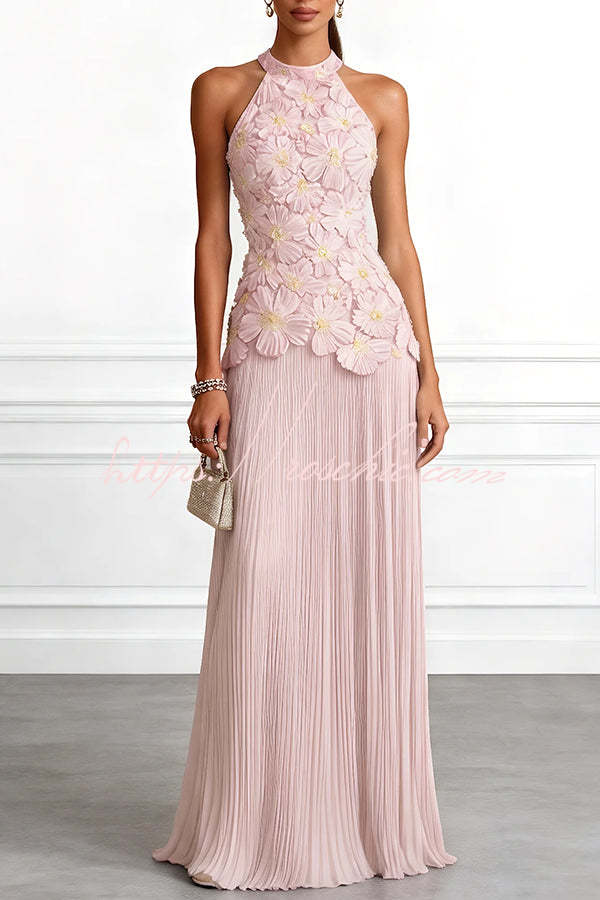 Blue Emilie 3D Floral Embroidered Halter Maxi Dress