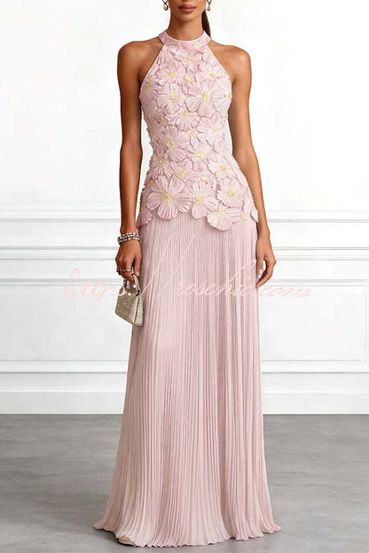 Blue Emilie 3D Floral Embroidered Halter Maxi Dress