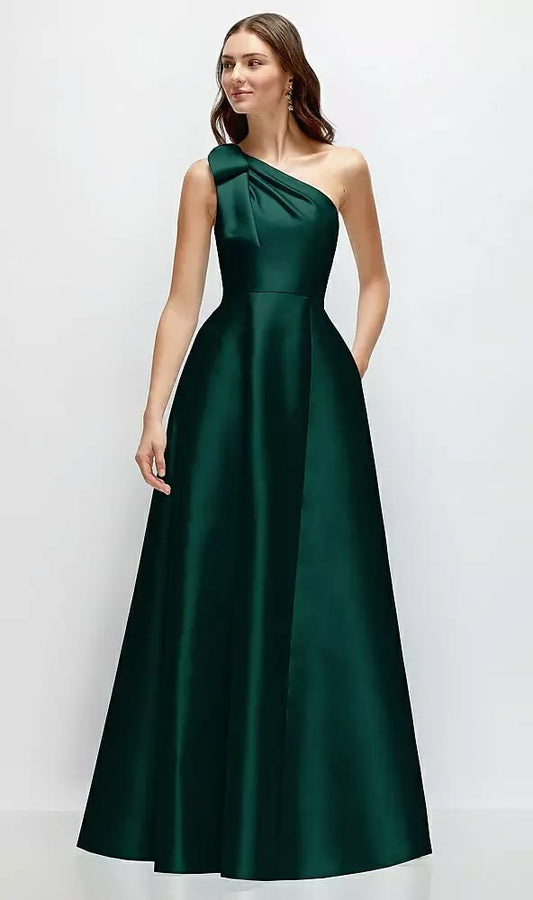 Arabella Bow One-Shoulder Satin Maxi Dress