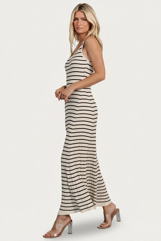Baltic Born Womens Jesse Ribbed Tank Maxi Dress | Ivory + Black | Size: Large