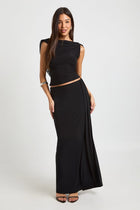 Black boohoo Slinky Maxi Skirt With Mesh Drape | Nasty Gal USA