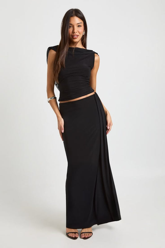 Black boohoo Slinky Maxi Skirt With Mesh Drape | Nasty Gal USA