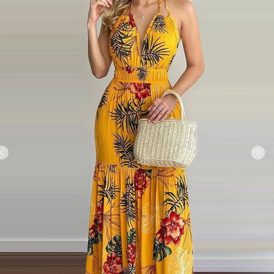 Tropical Print Halter Backless Maxi Dress | Color: Yellow | Size: S