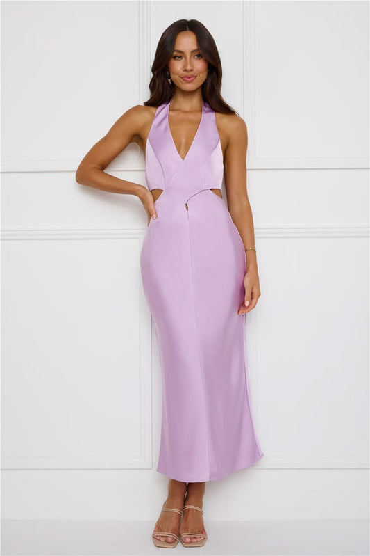 Margot Satin Halter Midi Dress in Lilac