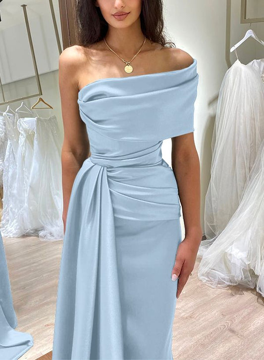 Missacc Sky Blue Prom Dresses One-Shoulder Sleeveless Sweep Train Prom Dresses