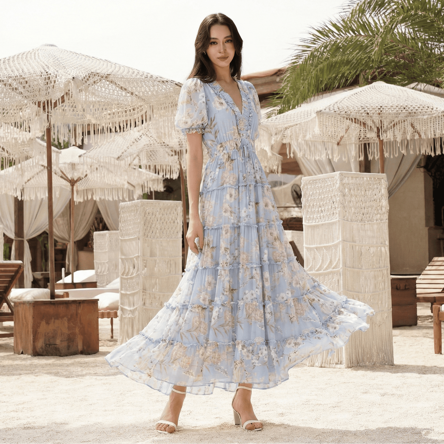Amalfi Sky Farrah Linen Midi Dress in Amalfi Sky