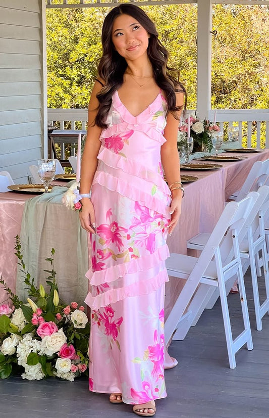 Inara Pink Floral Print Ruffle Maxi Dress | Beginning Boutique