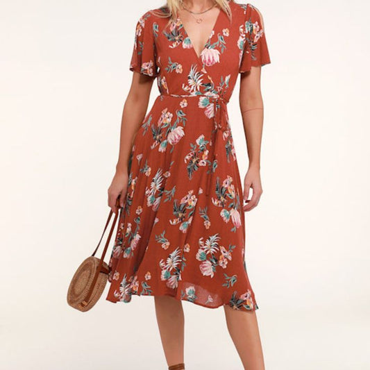 Lulus Dresses | Lulus Jet Set For Sun Rust Red Tropical Print Wrap Midi Dress - Size L | Color: Red | Size: L