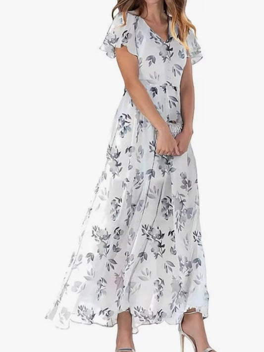 White Floral V-Neck Maxi Dress With Flutter Sleeves #69 | Color: Gray/White | Size: L