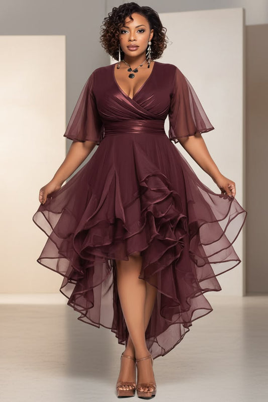 Xpluswear Design Plus Size Cocktail Party Brown Wrap Neck Short Sleeve Ruffle Asymmetric Hem Tulle Midi Dresses [Pre-Ord