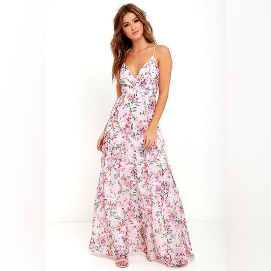 Lulus Dresses | Beautiful Lulus Garden Grove Taupe And Pink Floral Print Maxi Dress Size Xs | Color: Pink | Size: Xs