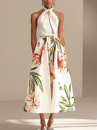 Margot Halter Satin Midi Dress in Ivory Floral