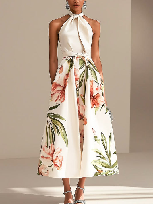 Margot Halter Satin Midi Dress in Ivory Floral