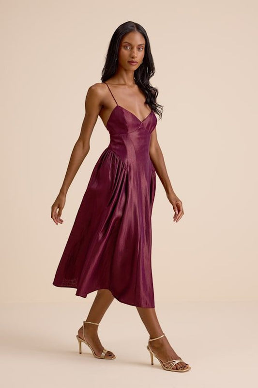 Paride Plum Lace-Up Midi Dress