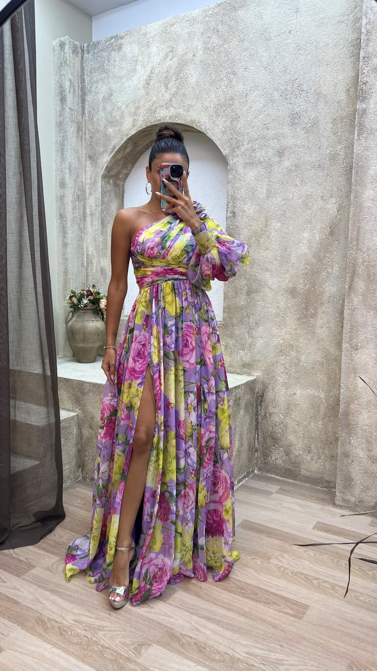 Women’s Floral V Neck High Slit Elegant Maxi Dress
