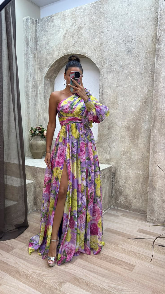 Women’s Floral V Neck High Slit Elegant Maxi Dress