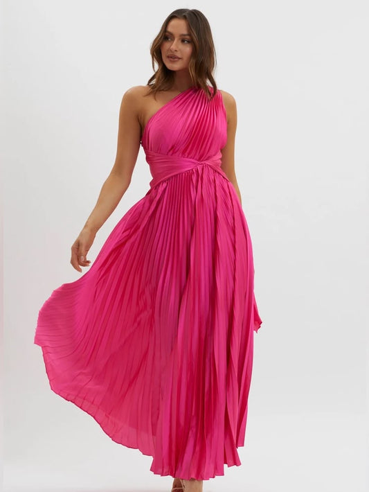 Leslie Pleated Maxi Dress in Hot Pink