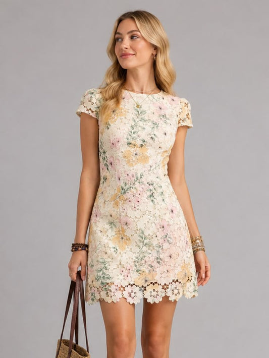 Women's Floral Lace Mini Dress Short Sleeve Cottagecore Summer Party Dress Boho | Color: Cream/Pink | Size: Various