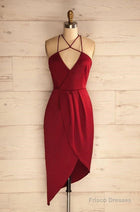 Sheath Halter Asymmetrical Dark Red Satin Homecoming Dress - Red / US14