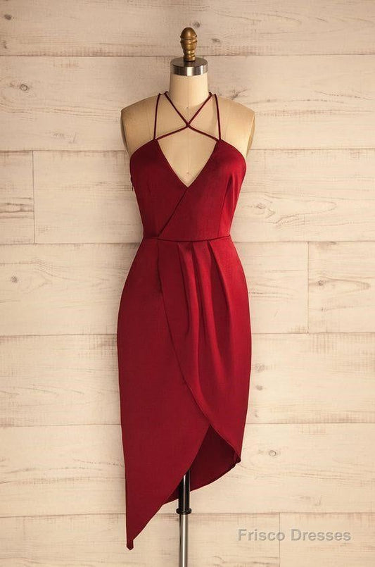 Sheath Halter Asymmetrical Dark Red Satin Homecoming Dress - Red / US14