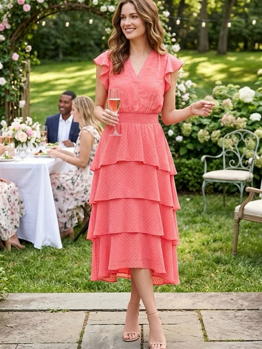 Vince Camuto Dresses | Nwt Vince Camuto Coral Tiered Ruffle Midi Dress Size Medium | Color: Red | Size: M
