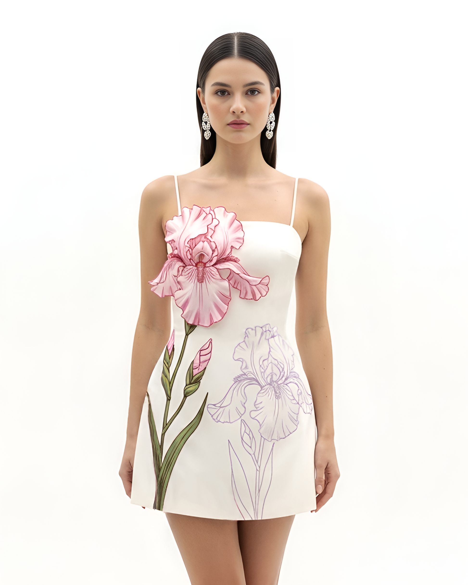 White Iris Appliqué Mini Dress