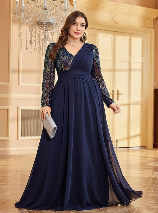 Plus Size Navy Blue Chiffon Long Sleeve Prom Dress