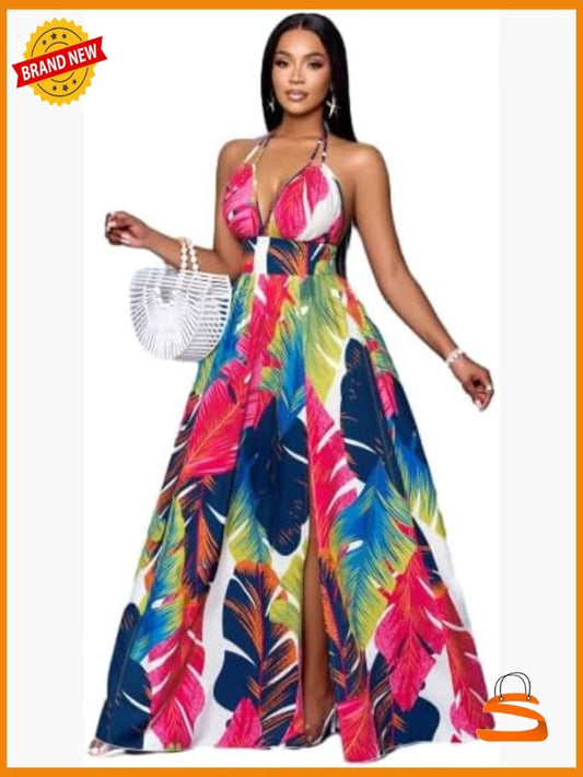 Boho Halter Backless Maxi Dress Sleeveless Flowy Summer Party | Color: Pink | Size: Various