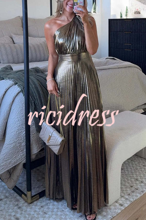 Gold Be My Guest Metallic Fabric Pleated One Shoulder Maxi Dress