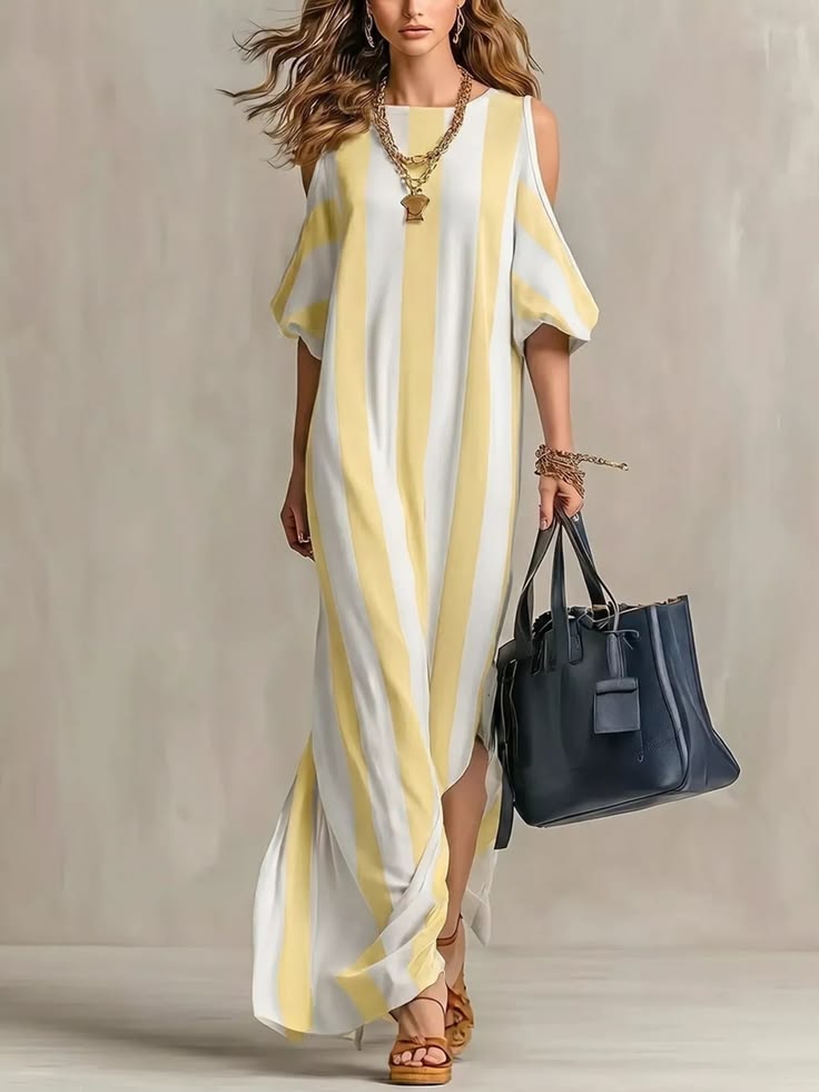 Striped Cold Shoulder Maxi Dress - Dark Blue / XL