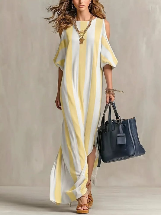 Striped Cold Shoulder Maxi Dress - Dark Blue / XL