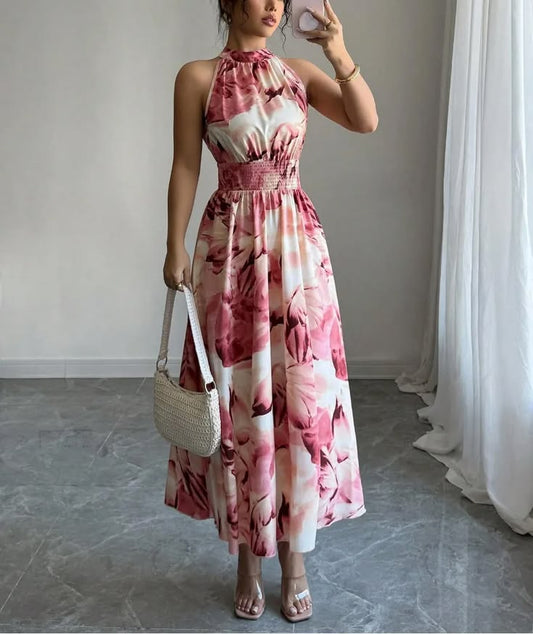 Ophelia Leaf Print Halter Maxi Dress