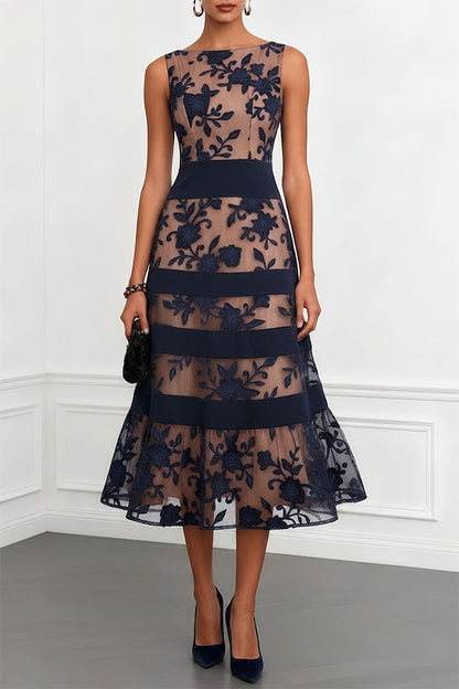 Pink Rosmie Flower Mesh Lace Colorblock Boat Neck Sleeveless A-Line Midi Dress