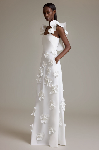 Malva Dragonette Flutter-Strap Gown with Floral Appliqué