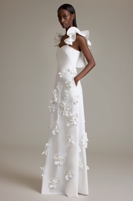 Cobalt Dragonette Flutter-Strap Gown with Floral Appliqué