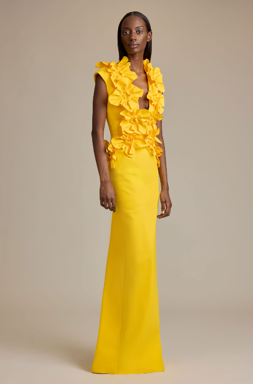 Navy Arabella Floral Appliqué Evening Gown