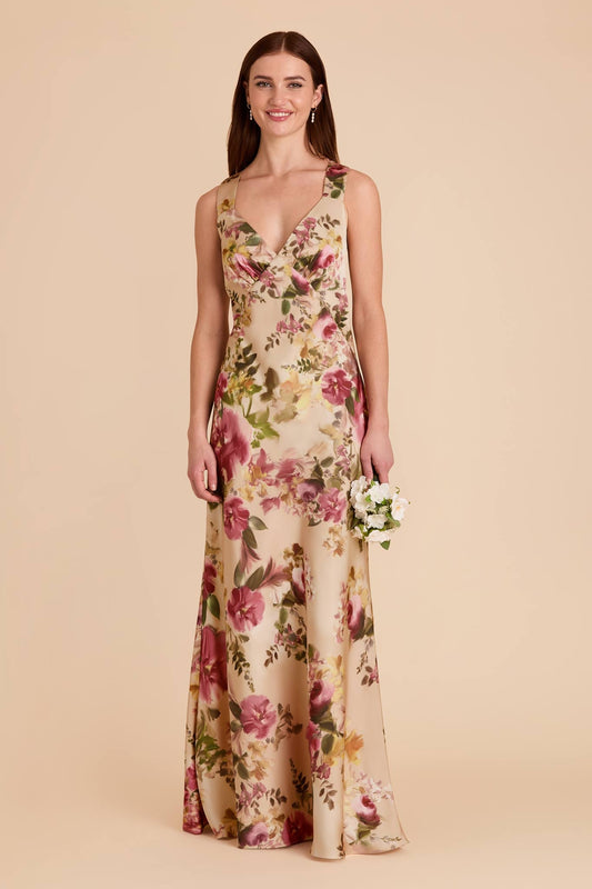 Hazelnut Moody Blooms Veronica Matte Satin Dress in Hazelnut Moody Blooms