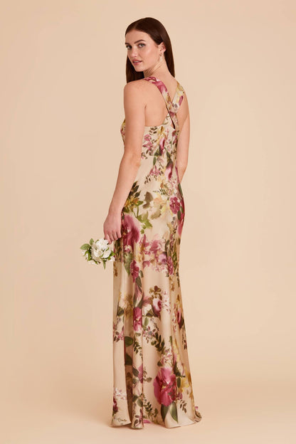 Hazelnut Moody Blooms Veronica Matte Satin Dress in Hazelnut Moody Blooms