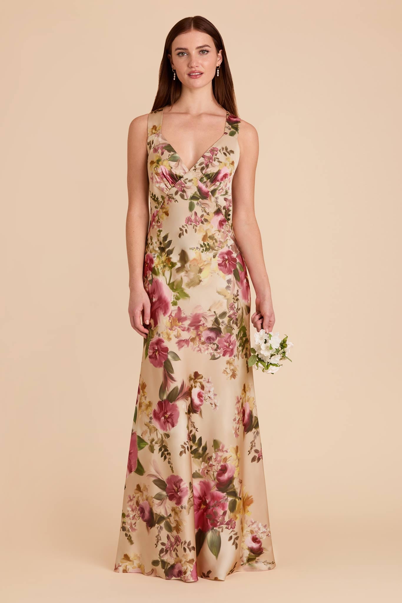Hazelnut Moody Blooms Veronica Matte Satin Dress in Hazelnut Moody Blooms