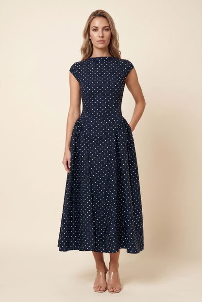 MARGOT MIDI DRESS Navy Polka Dot front
