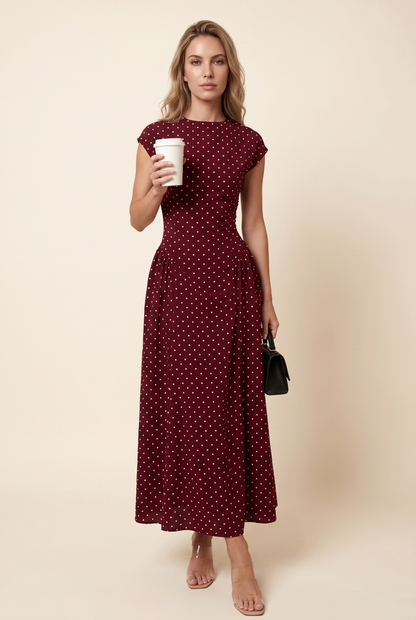 MARGOT MIDI DRESS Burgundy Polka Dot front