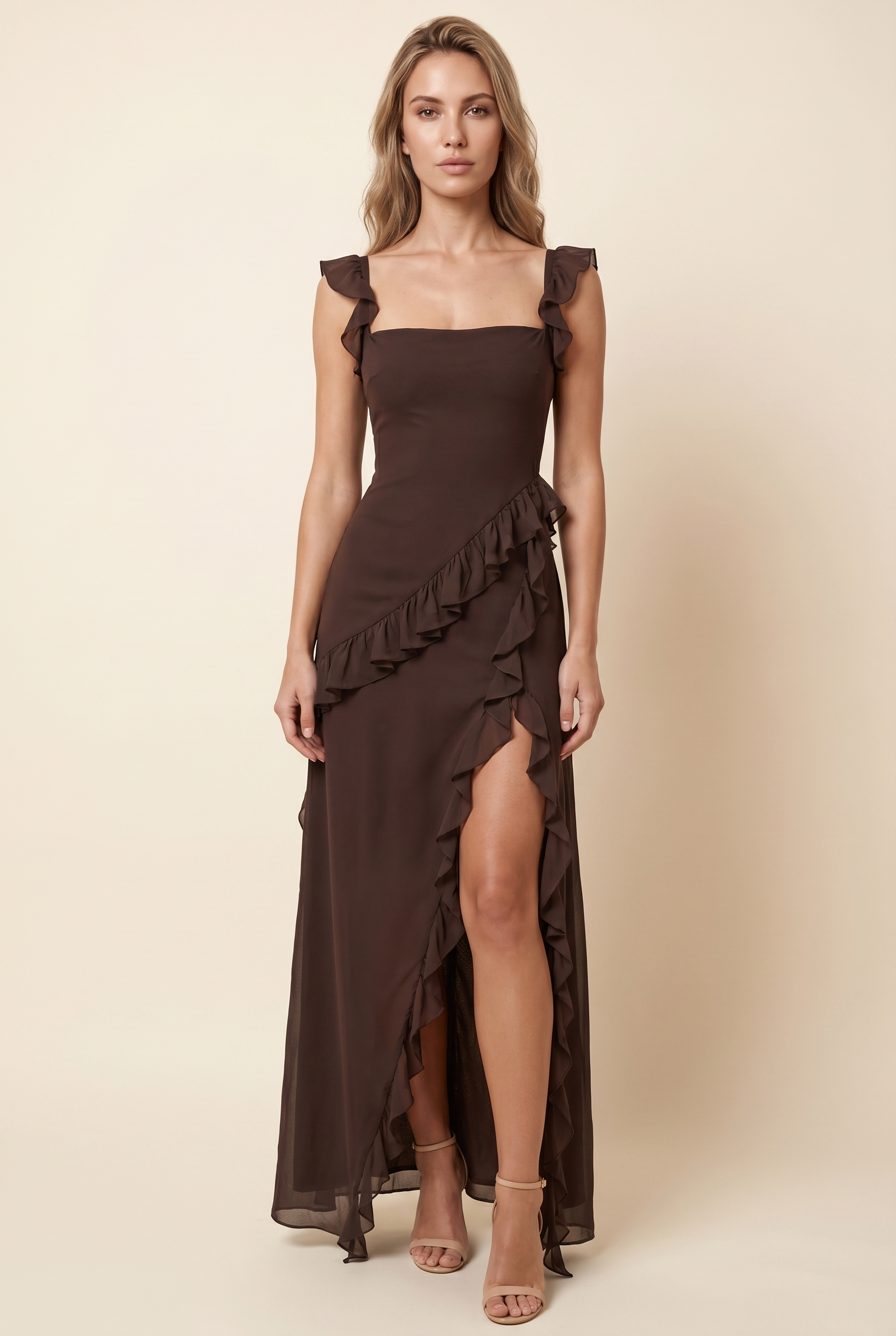 claire maxi dress Adrift Clothing Claire Maxi Linen Dress With Frilled Straps