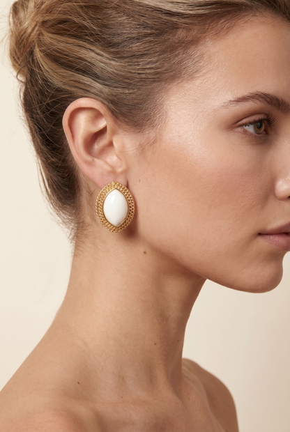 Jamy Textured Ellipse Earrings Ivory