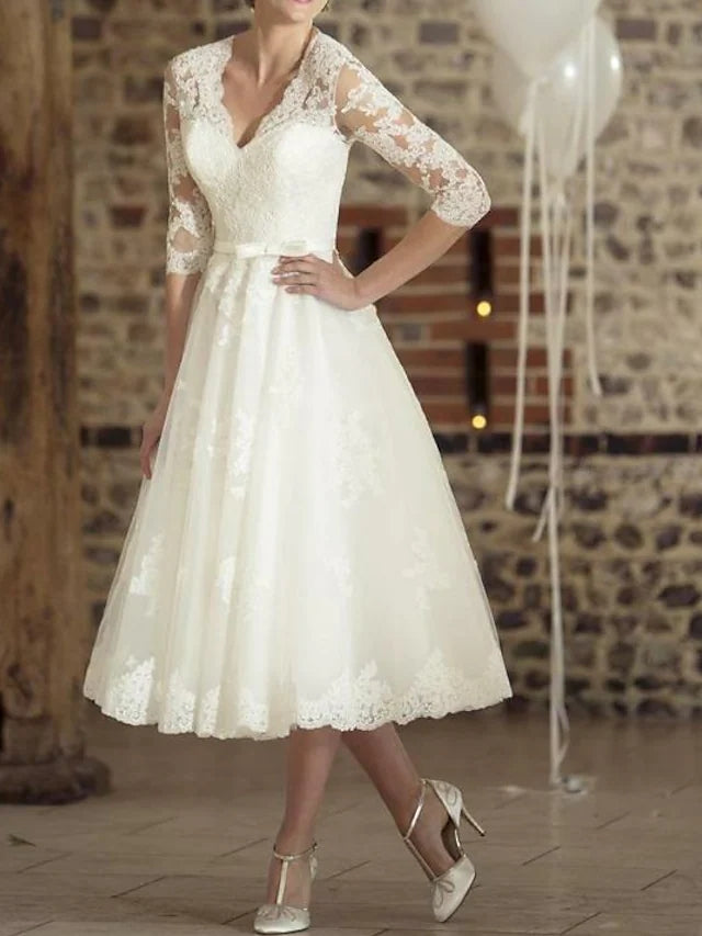 Line Wedding Dress Tea Length 3/4 Sleeve V Neck Lace Tulle Bridal Gown Audrey Satin A-Line Gown