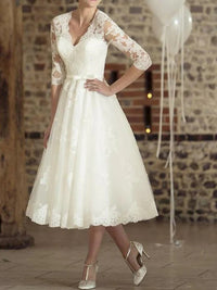 Line Wedding Dress Tea Length 3/4 Sleeve V Neck Lace Tulle Bridal Gown