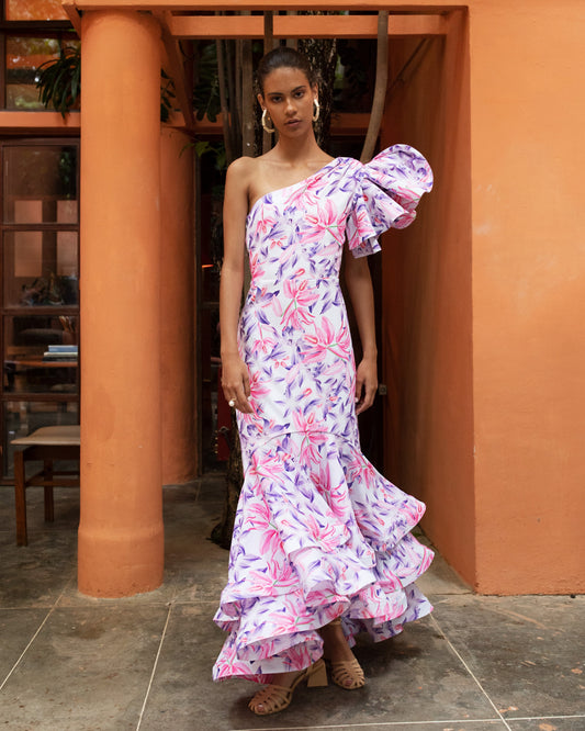 ORQUIDEAS IN WHITE PRINT Cora Silk Floral Midi Dress