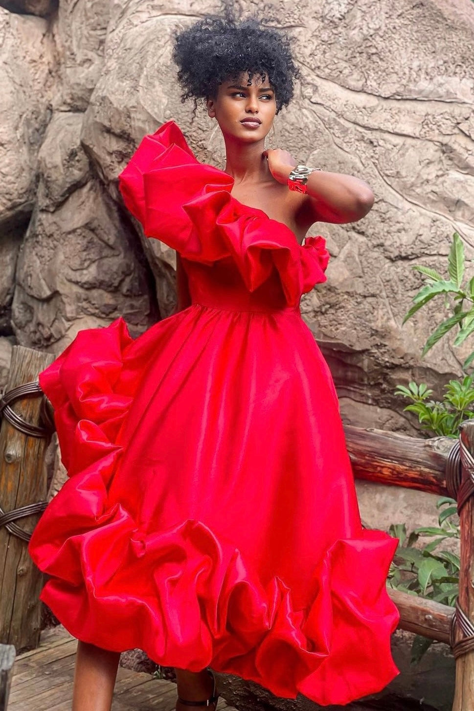 red Margot Ruffle Midi Dress in Red