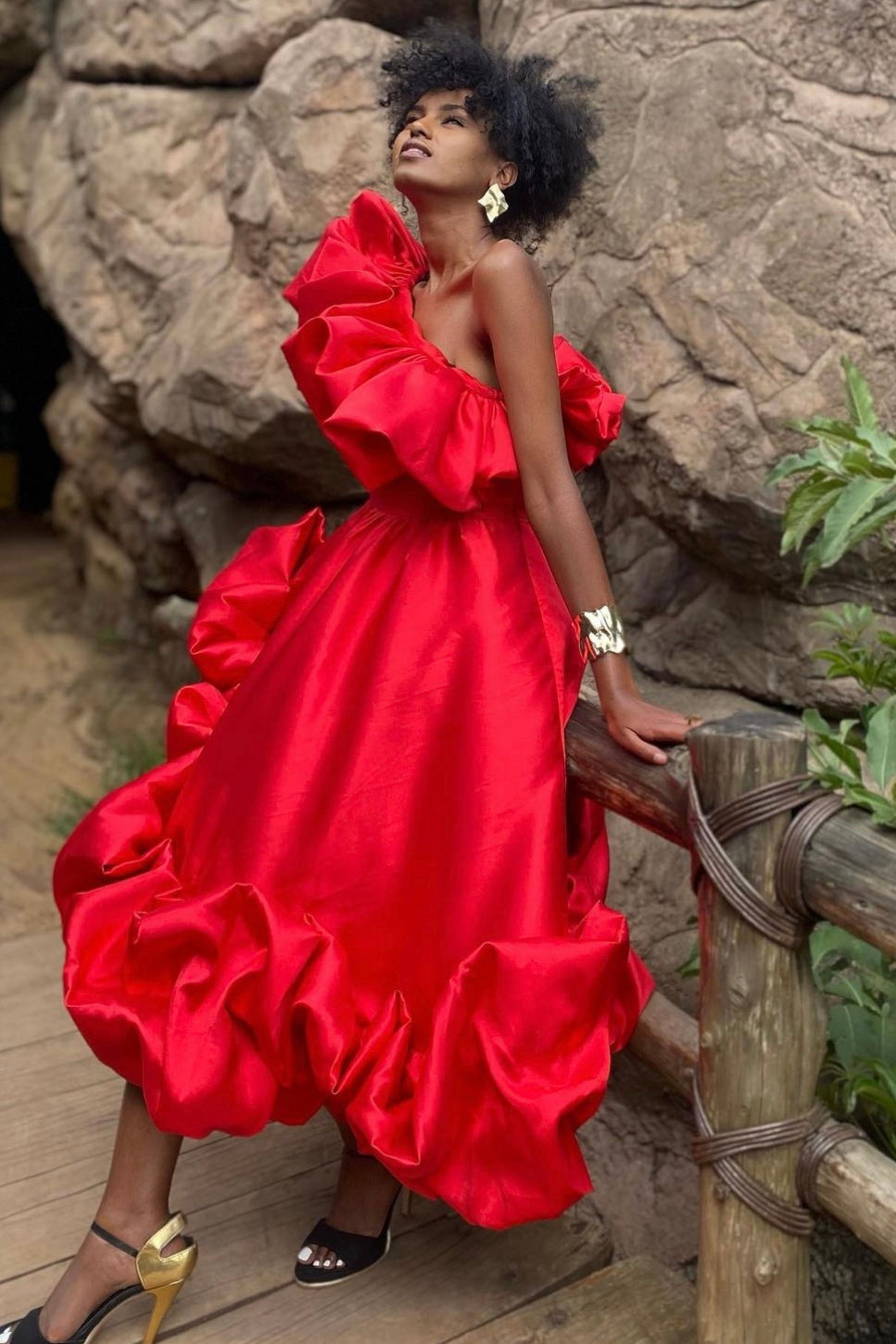 red Margot Ruffle Midi Dress in Red